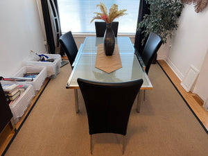 Modern Glass Dining Table, Chrome Frame + 4 Black Leather Chairs