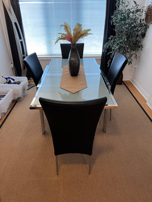 Modern Glass Dining Table, Chrome Frame + 4 Black Leather Chairs