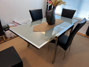 Modern Glass Dining Table, Chrome Frame + 4 Black Leather Chairs