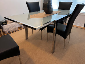 Modern Glass Dining Table, Chrome Frame + 4 Black Leather Chairs