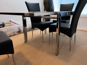 Modern Glass Dining Table, Chrome Frame + 4 Black Leather Chairs