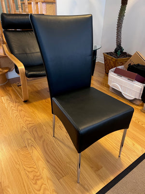Modern Glass Dining Table, Chrome Frame + 4 Black Leather Chairs