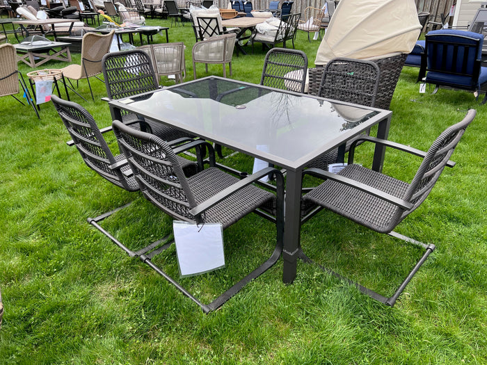 Dark Brown Patio Dining Table + 6 Rocker Chairs