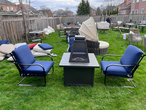 3 Chairs with Blue Cushions + Propane Fire Pit