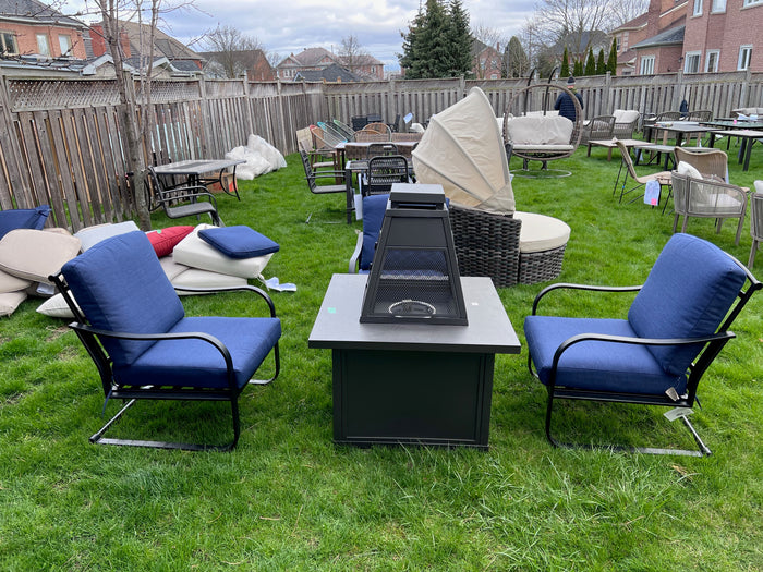 3 Chairs with Blue Cushions + Propane Fire Pit