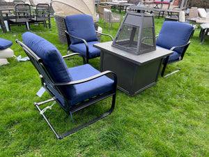 3 Chairs with Blue Cushions + Propane Fire Pit