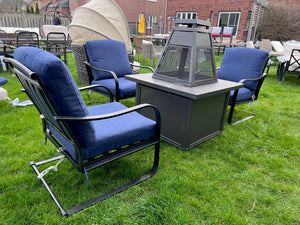 3 Chairs with Blue Cushions + Propane Fire Pit