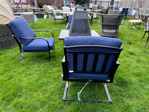 3 Chairs with Blue Cushions + Propane Fire Pit