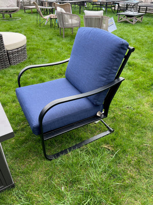3 Chairs with Blue Cushions + Propane Fire Pit