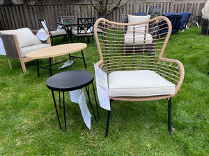 Tan Wicker Armchair + Side Table