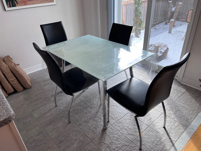 Glass Kitchen Table, Chrome Base + 4 Black Faux Leather Chairs