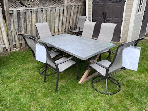 Patio Dining Table + 6 Grey Sling Chairs