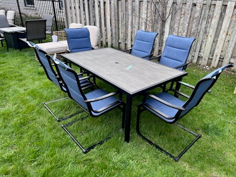 Patio Dining Table + 6 Blue Sling Chairs