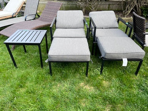 2 Reclining Armchairs with Ottomans + Side Table