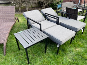 2 Reclining Armchairs with Ottomans + Side Table