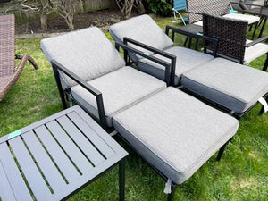 2 Reclining Armchairs with Ottomans + Side Table