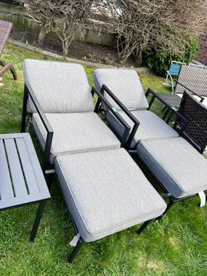 2 Reclining Armchairs with Ottomans + Side Table