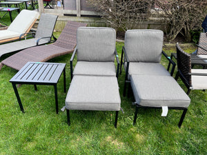 2 Reclining Armchairs with Ottomans + Side Table