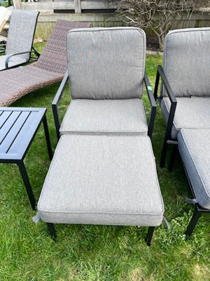 2 Reclining Armchairs with Ottomans + Side Table