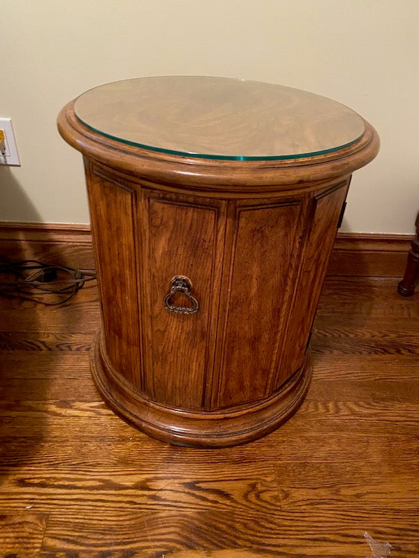 Vintage Wood Drum Table, Glass Top