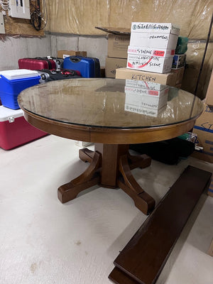Antique Round Oak Dining Table, Glass Top