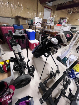Left Handed MacGregor Titan Oversize Irons + Taylormade Burner Driver + Other Clubs + Push Cart