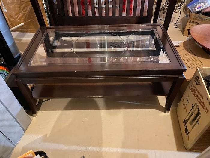 Brown Wood Coffee Table with Etched Glass