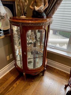 Beautiful Antique French Louis XV Demilune Curio Cabinet, Glass Shelves & Brass Accents