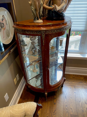 Beautiful Antique French Louis XV Demilune Curio Cabinet, Glass Shelves & Brass Accents