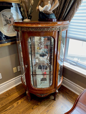Beautiful Antique French Louis XV Demilune Curio Cabinet, Glass Shelves & Brass Accents