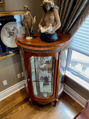 Beautiful Antique French Louis XV Demilune Curio Cabinet, Glass Shelves & Brass Accents