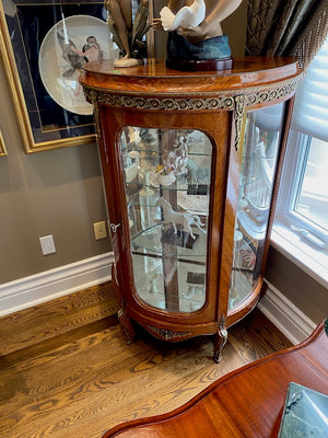 Beautiful Antique French Louis XV Demilune Curio Cabinet, Glass Shelves & Brass Accents