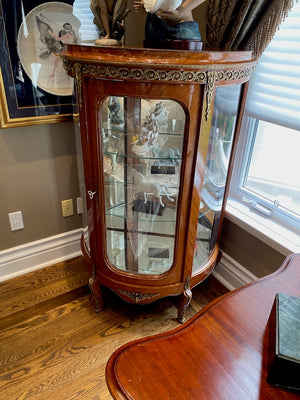 Beautiful Antique French Louis XV Demilune Curio Cabinet, Glass Shelves & Brass Accents