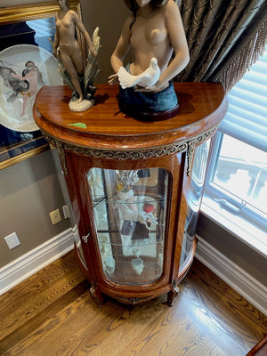 Beautiful Antique French Louis XV Demilune Curio Cabinet, Glass Shelves & Brass Accents