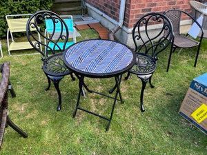 2 Black Cast Iron Chairs + Tile Side Table