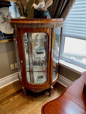 Beautiful Antique French Louis XV Demilune Curio Cabinet, Glass Shelves & Brass Accents