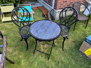 2 Black Cast Iron Chairs + Tile Side Table