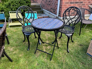 2 Black Cast Iron Chairs + Tile Side Table