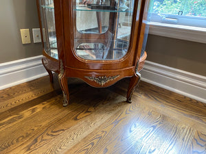 Beautiful Antique French Louis XV Demilune Curio Cabinet, Glass Shelves & Brass Accents