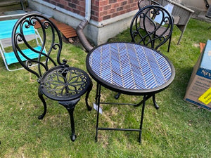 2 Black Cast Iron Chairs + Tile Side Table