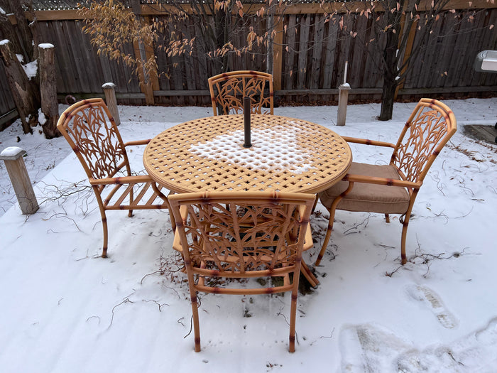Cast Aluminum Bamboo Style Patio Table + 4 Chairs (cushions included)