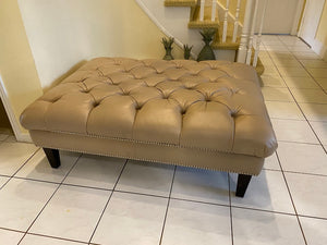 Tan Leather Tufted Ottoman with Studded Trim