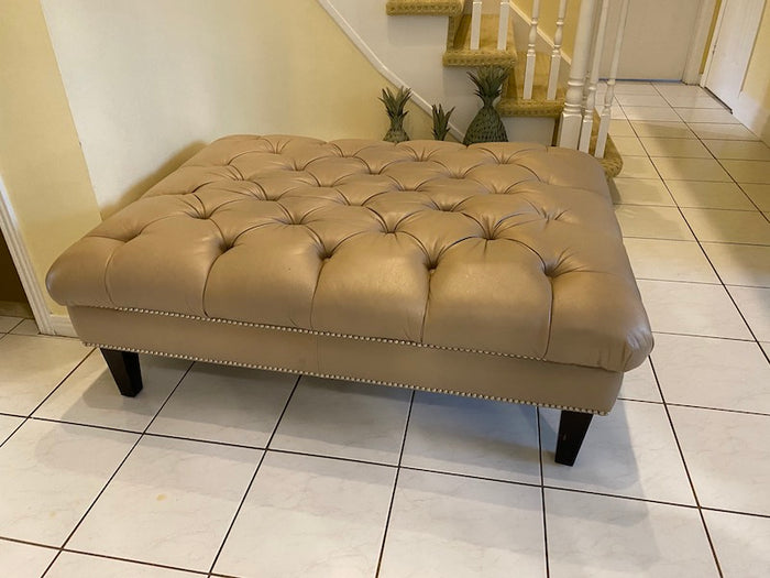Tan Leather Tufted Ottoman with Studded Trim