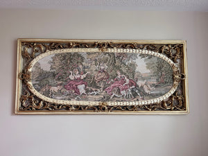 Ornate Tapestry in a White & Gold Wood Carved Frame