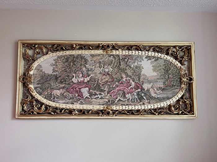 Ornate Tapestry in a White & Gold Wood Carved Frame