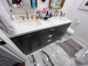 61" Vanity- Double Sink- Twilight Grey, White Quartz, Brass (*Retail $3176)