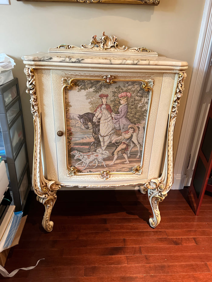 Antique French Regency Marble Top White Carved Cabinet