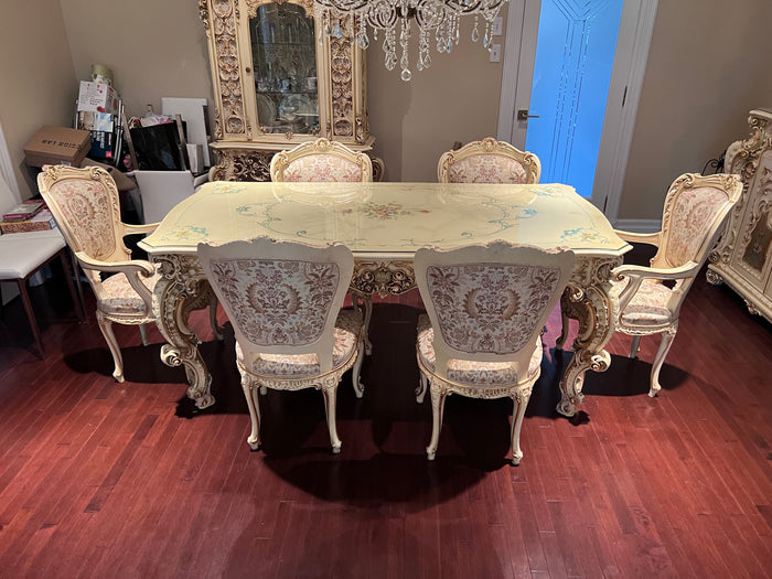 Antique French Regency White Carved Dining Table + 6 Chairs