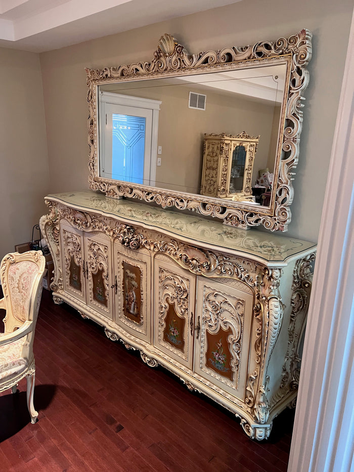 Antique French Regency White Carved Large Sideboard w/Mirror