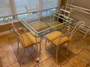 Glass Kitchen Table, White Metal Base + 4 Chairs